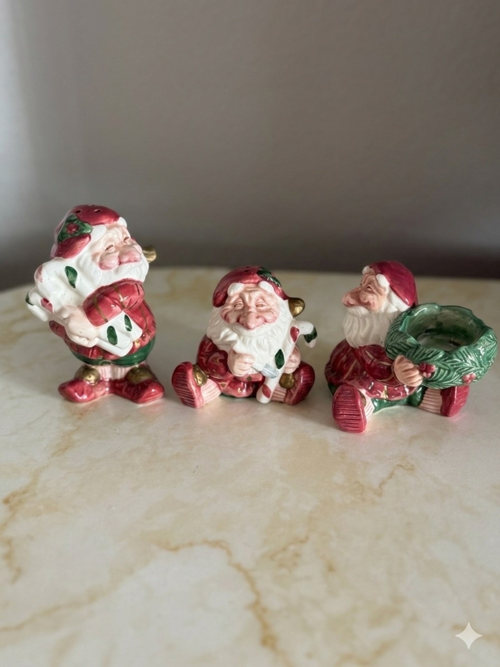 Vintage-Style Ceramic Santa Claus Salt & Pepper Shakers and Napkin Ring Set